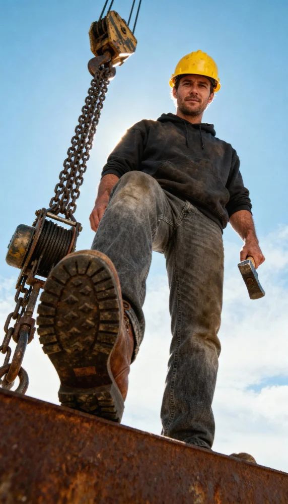Construction worker with hammer and crane
