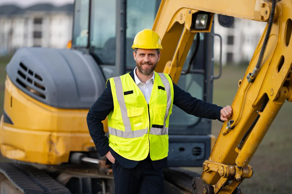 Architect at a construction site architect man in helmet and suit at modern home building